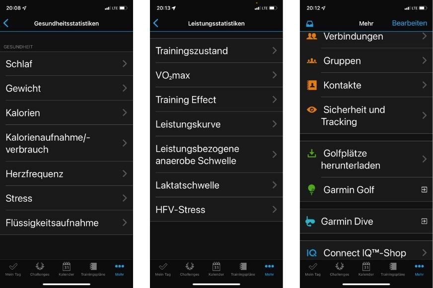 Man sieht das Menü der Garmin Connect App.